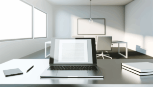Laptop aperto su scrivania minimalista in ufficio moderno con documenti digitali sullo schermo
