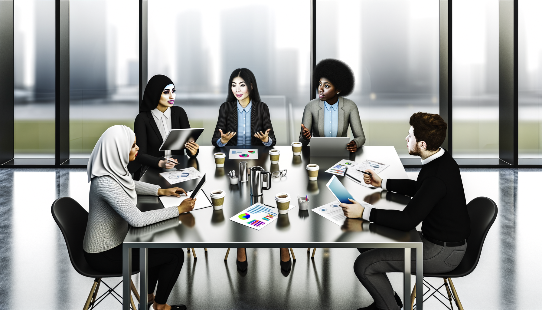 Cinque professionisti di diverse etnie discutono in una riunione di lavoro in una moderna sala conferenze con grandi finestre