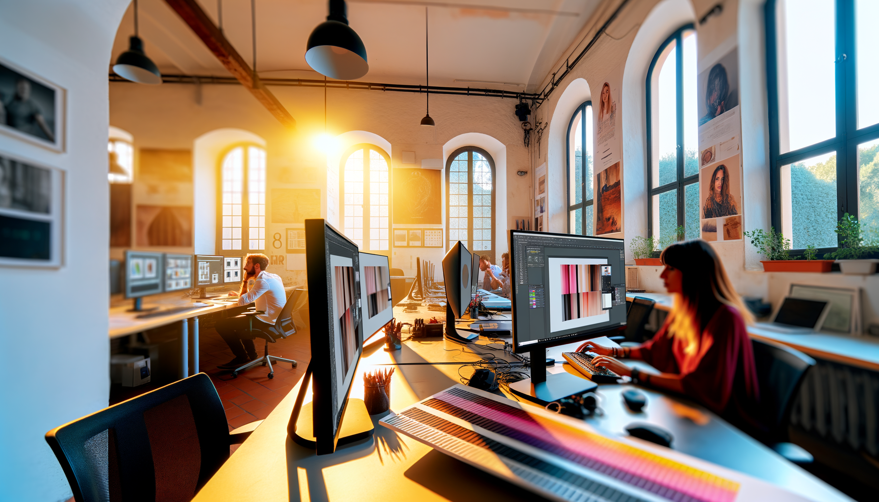 Ufficio moderno con persone che lavorano su computer e monitor durante il tramonto, ambiente luminoso e professionale