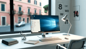 Scrivania moderna con PC desktop che mostra schermata Windows 10, lampada da tavolo accesa, libri e quaderno vicino a finestra