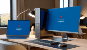 Scrivania con computer desktop e laptop che mostrano una schermata di errore blu su Windows 10/11