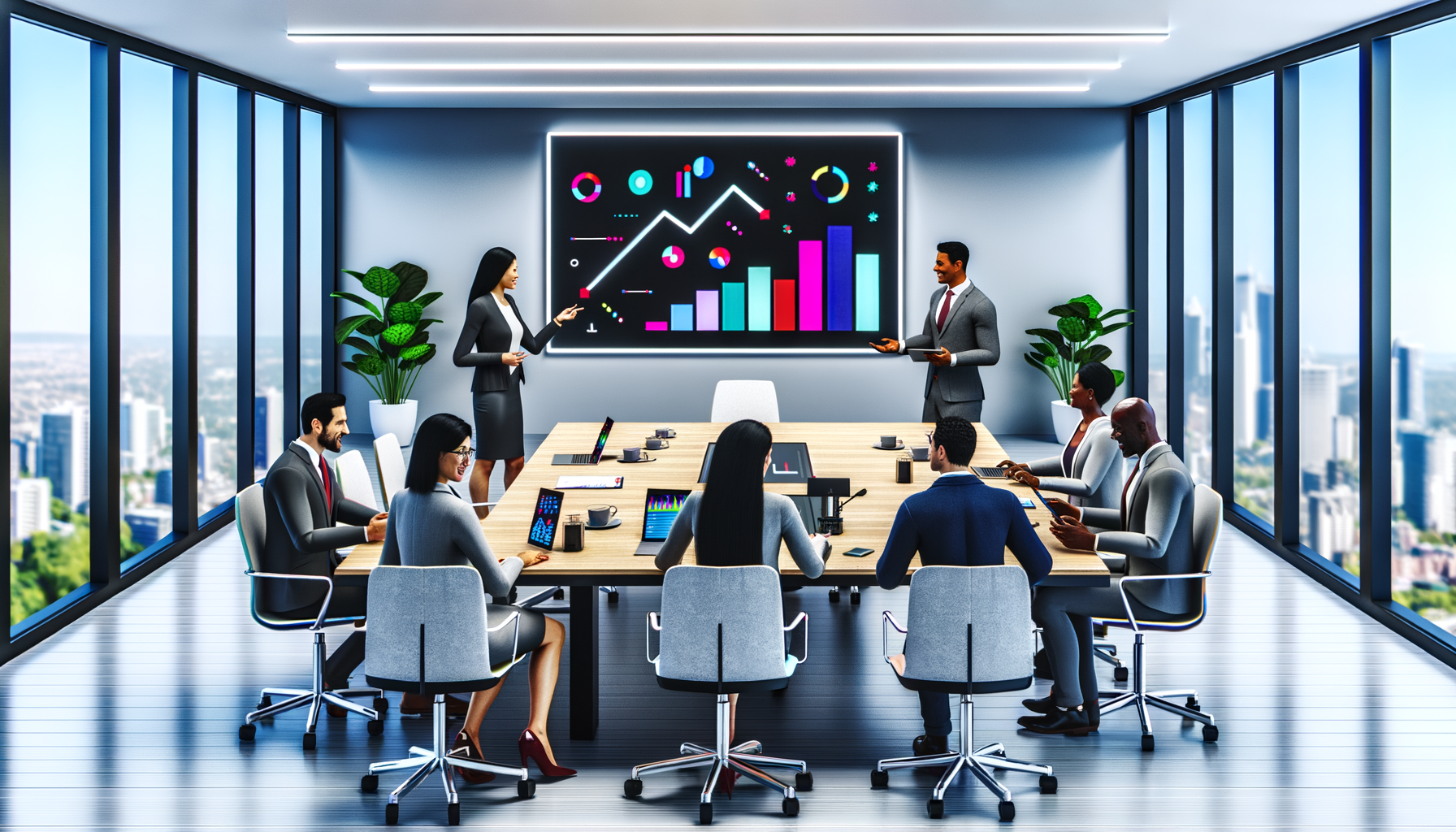 riunione di lavoro in ufficio moderno con presentazione di grafici colorati su schermo digitale