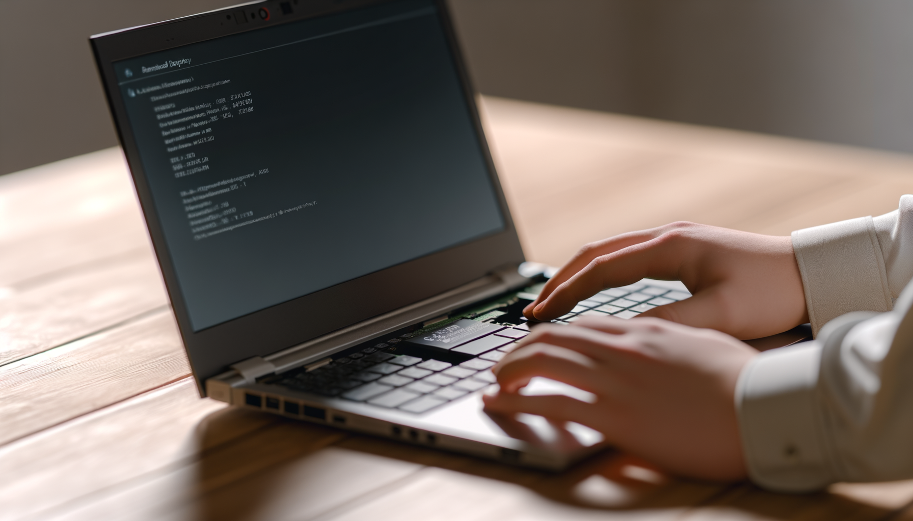 Mani che lavorano su un laptop rigenerato con codice visibile sullo schermo, tema PC rigenerati Roma