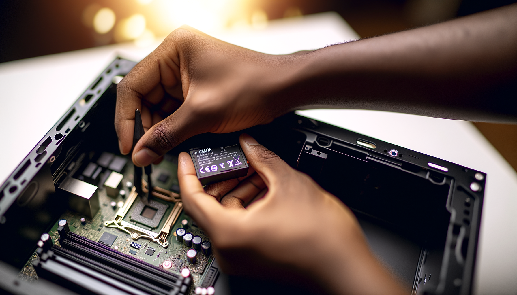 Mano che sostituisce la batteria CMOS all'interno di un PC desktop per risolvere problemi di data e ora su Windows