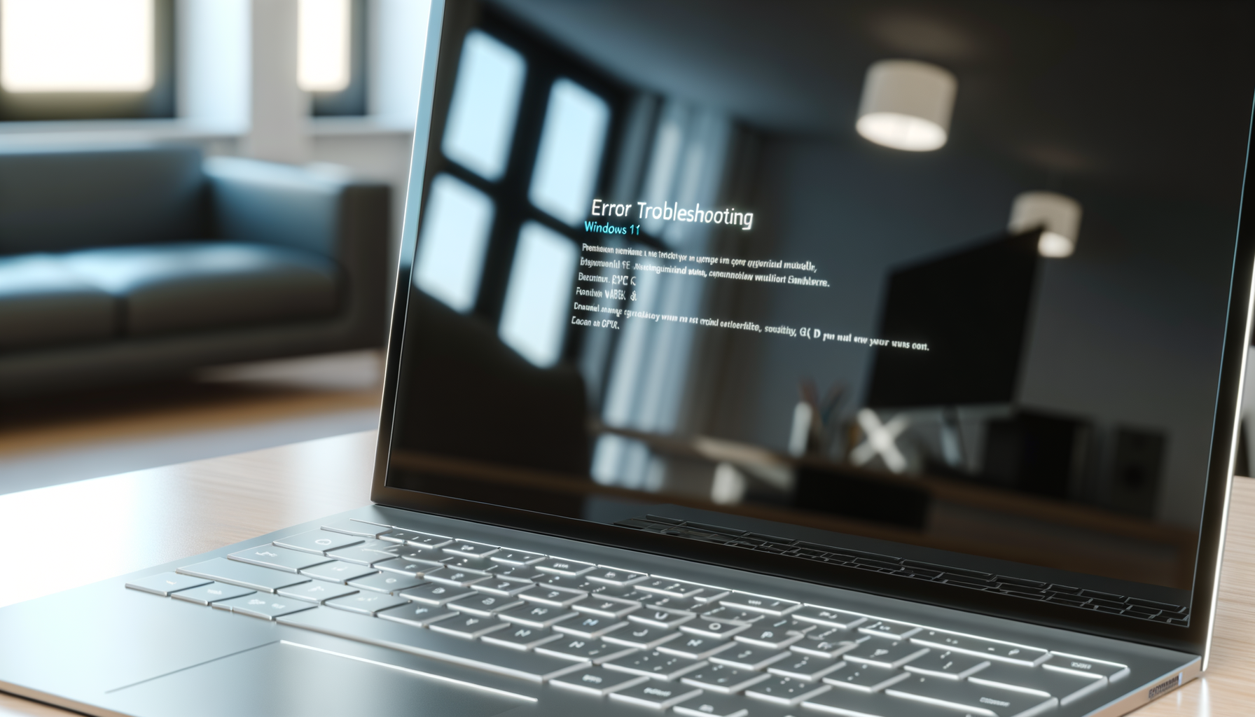 Schermo di un laptop con messaggio di errore e troubleshooting per Windows 11 in ambiente d'ufficio moderno