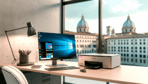 Scrivania moderna con computer Windows e stampante segnalata come offline in ambiente luminoso con vista su edificio storico
