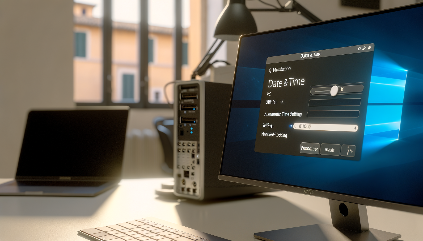Schermo di un computer desktop con impostazioni data e ora aperte su sistema operativo Windows in ufficio luminoso