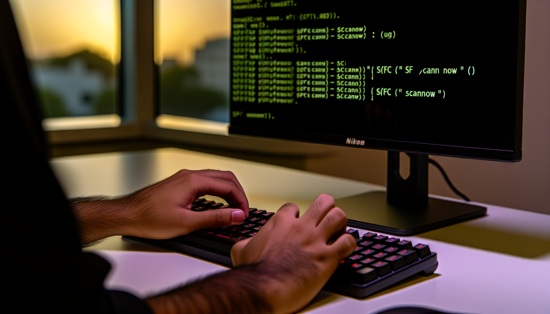 mani che digitano su tastiera meccanica con codice verde su monitor durante il tramonto in ambiente interno