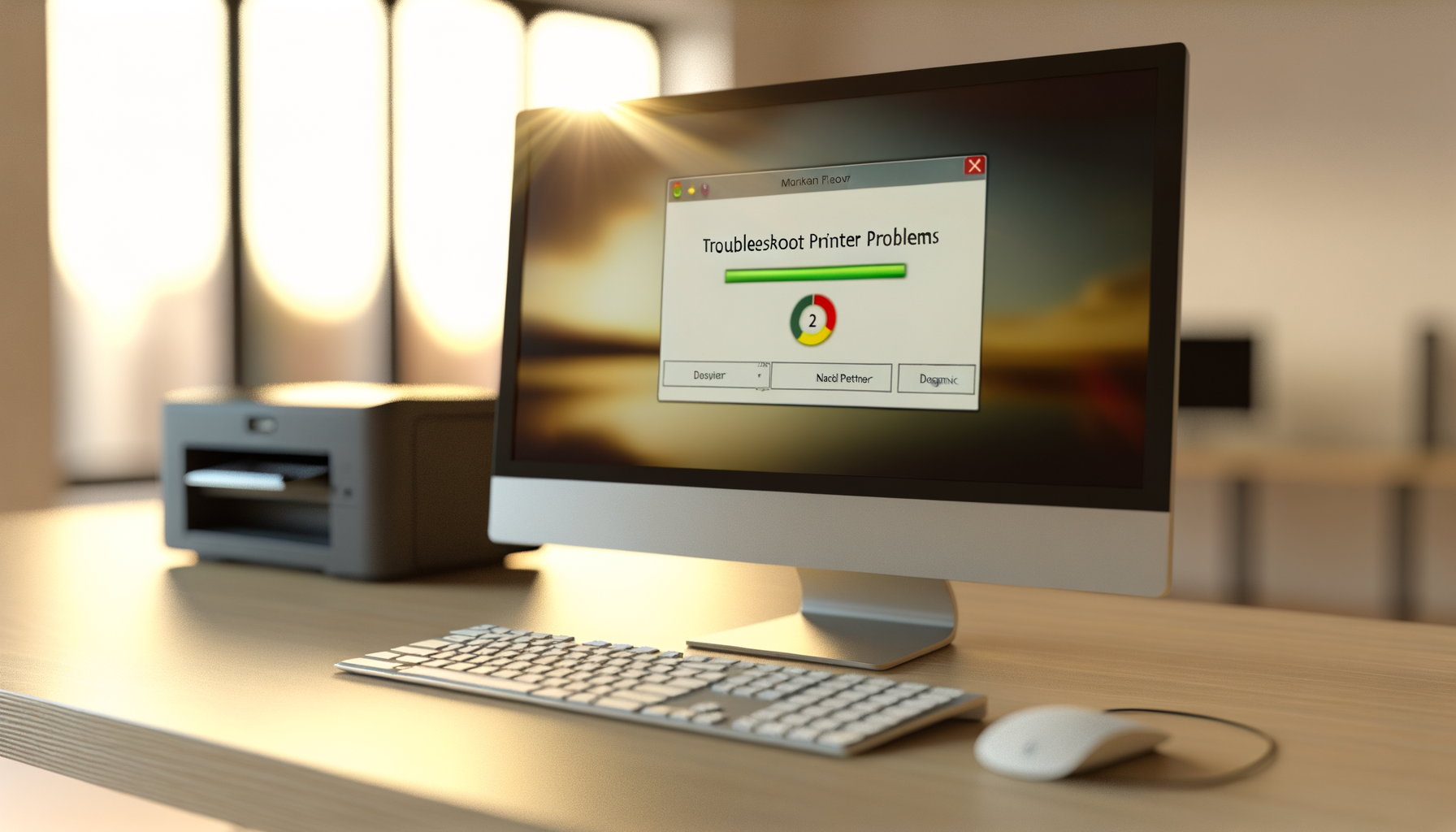 Computer desktop con schermata di risoluzione problemi stampante offline accanto a stampante e tastiera in ufficio luminoso