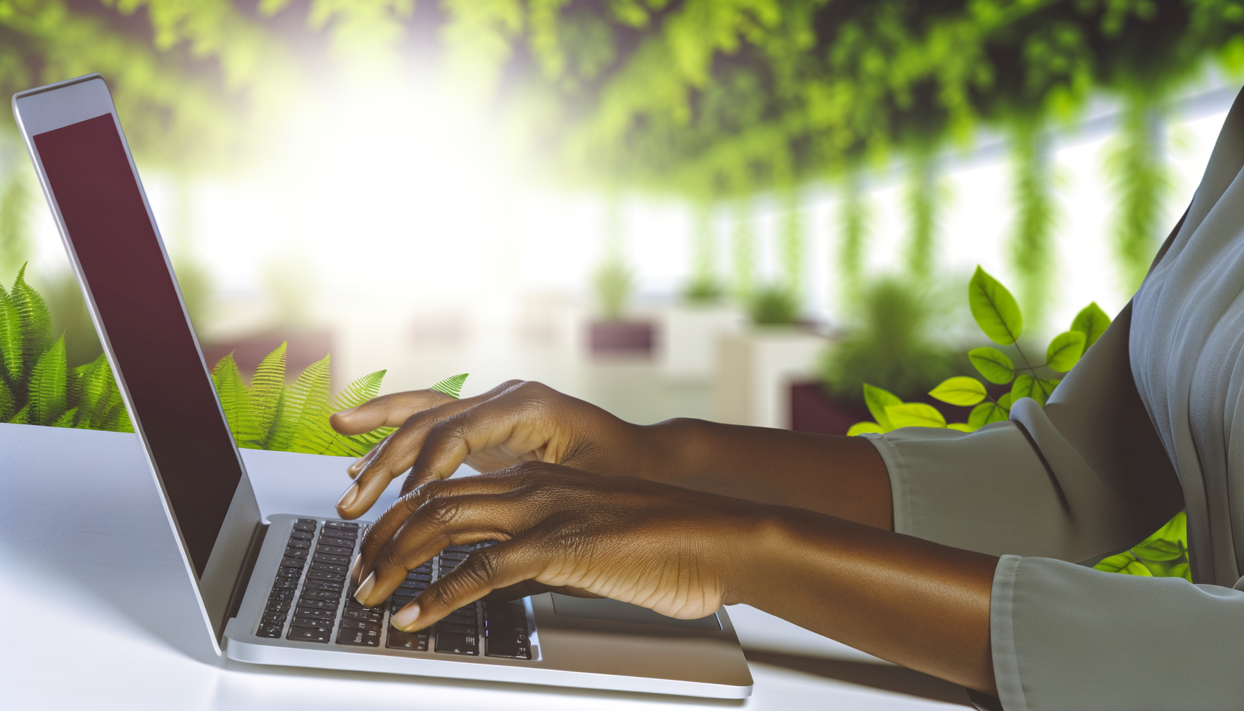 mani di persona di colore che digitano su tastiera di laptop in ambiente luminoso con piante verdi sullo sfondo