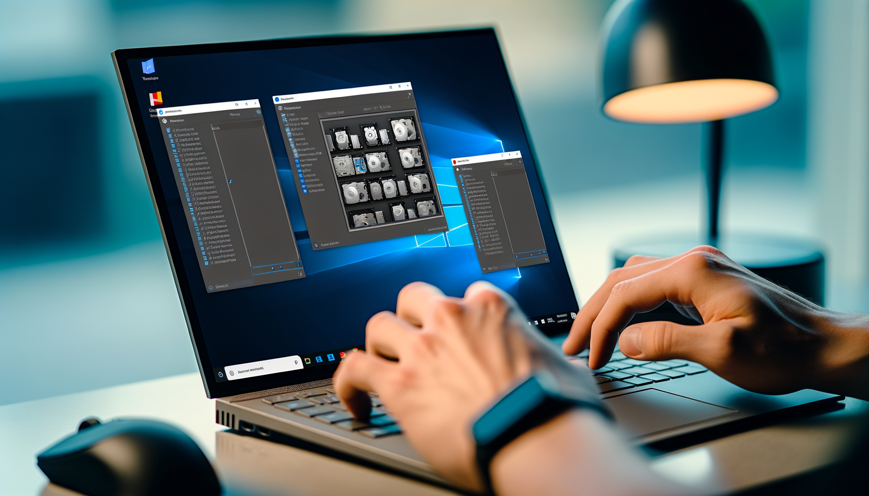 Mani che digitano su un laptop con Windows 11 e software di clonazione aperto sullo schermo