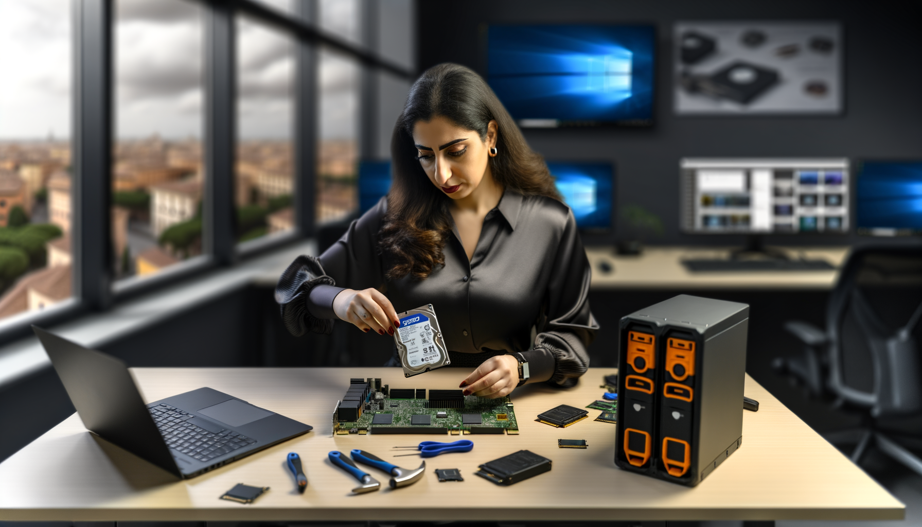 Installazione di un hard disk su scheda madre in un ufficio moderno
