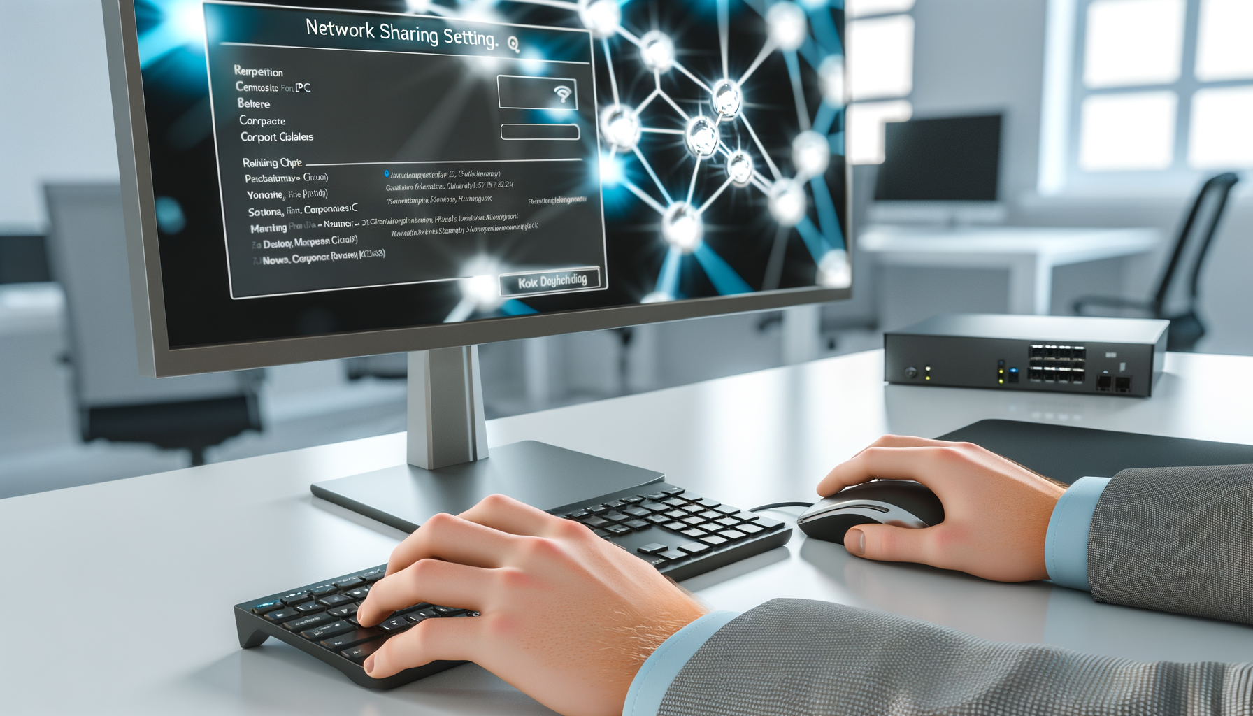 Mano che utilizza mouse e tastiera davanti a un monitor con impostazioni di condivisione rete in ambiente ufficio moderno