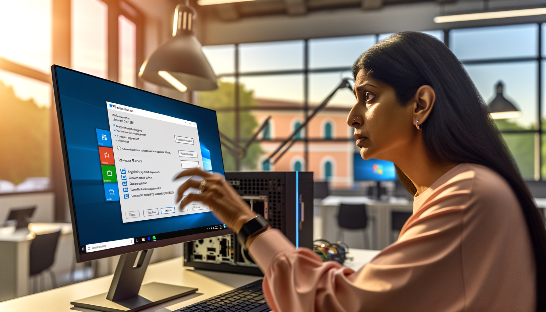 Donna concentrata davanti a un computer con schermo che mostra un messaggio di errore su Windows in un ufficio moderno