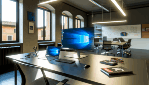 Scrivania in ufficio moderno con PC desktop e laptop con sistema operativo Windows, tastiera e mouse