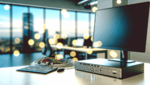 Computer desktop con monitor spento, tastiera, mouse e cavi di rete su scrivania in ufficio moderno con vista sulla città al tramonto