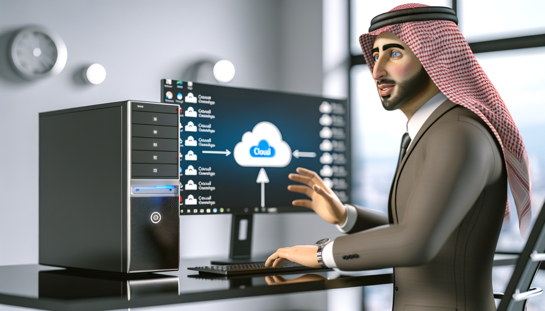 Uomo d'affari arabo che utilizza un PC desktop per eseguire backup su cloud in ufficio moderno