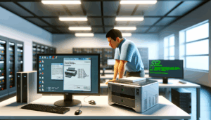 Tecnico informatico che controlla una stampante e un computer in un ufficio con Windows 11 aperto, problema di stampa in evidenza
