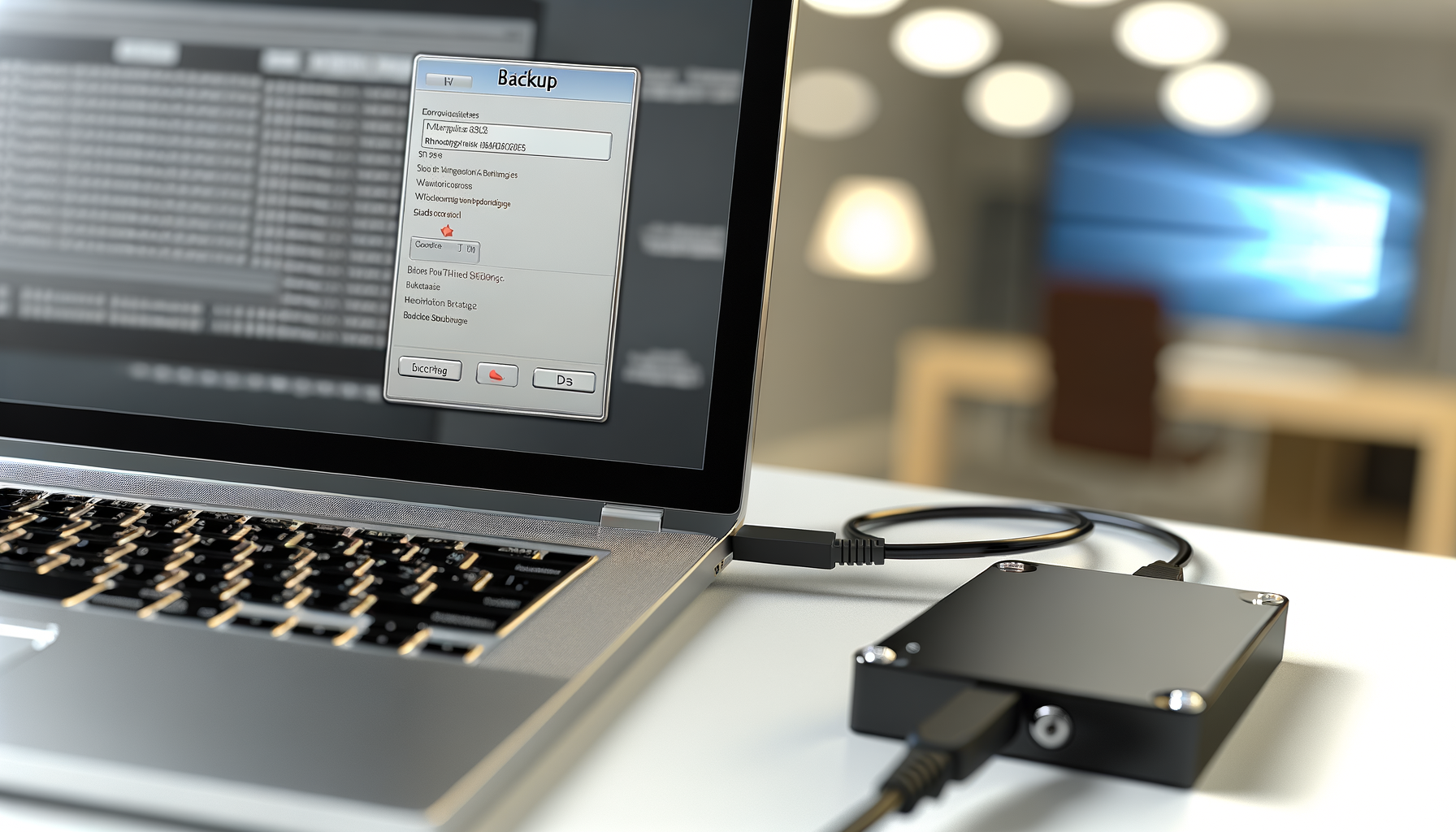 Computer portatile con software di backup in esecuzione collegato a un disco rigido esterno per salvare dati in sicurezza