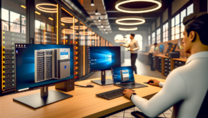 Uomo che esegue backup dati su PC Windows in un moderno ufficio con server e monitor multipli