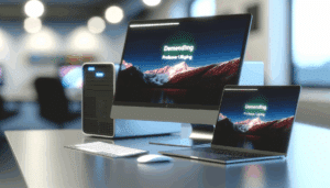 Scrivania con computer desktop e laptop con schermi che mostrano paesaggi montani illuminati, in ambiente ufficio moderno sfocato