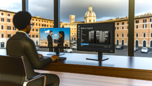 Uomo d'affari al computer con doppio monitor che mostra supporto backup e scambio dati, in ufficio con vista su edifici storici
